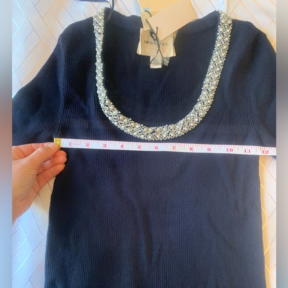 NEW Gorgeous navy blue ribbed knit short sleeve sweater NWT beaded pearl collar - Picture 7 of 8